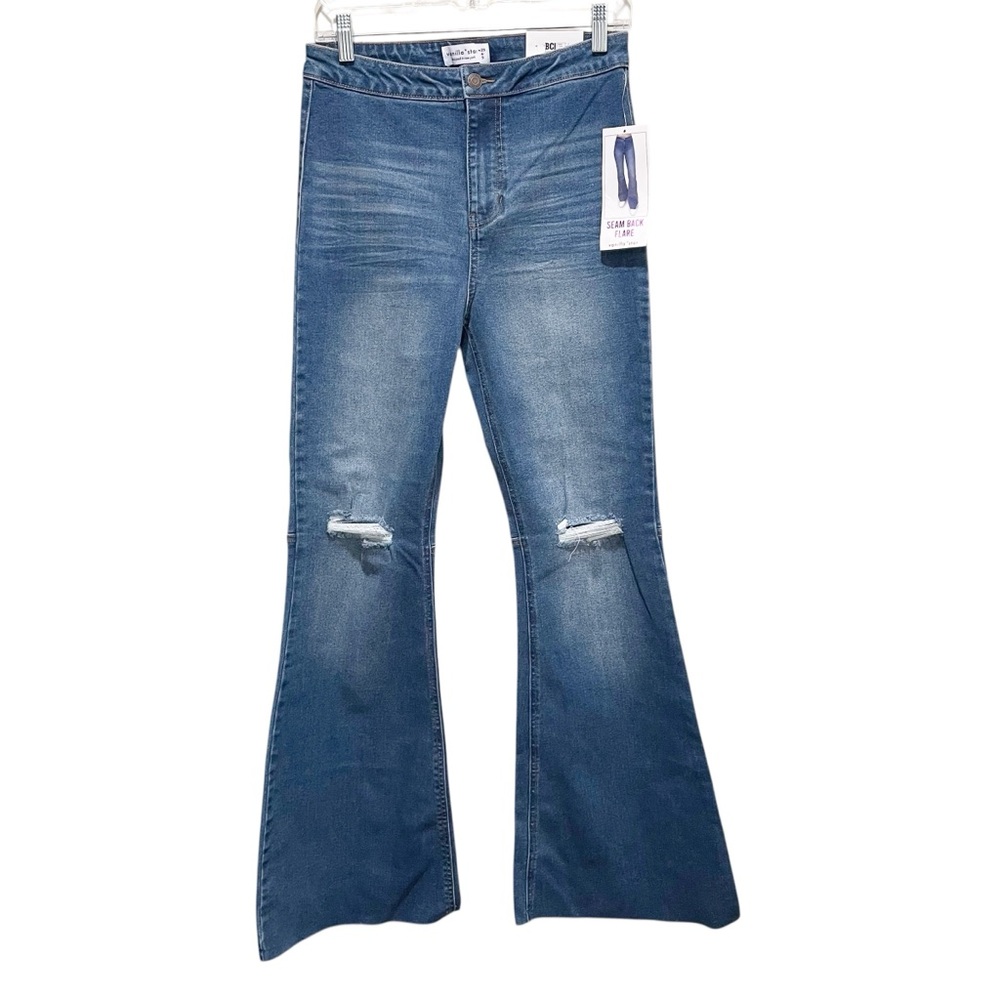 Vanilla Star Seam Back Flare Distressed Blue Jeans Womens Junior Size 9 W29